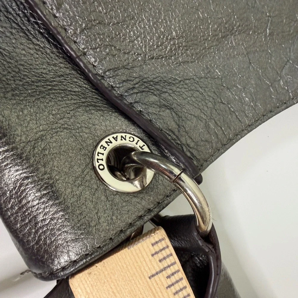 Tignanello Metallic Silver Pebbled Leather Shoulder Bag w Braided Handles Boho